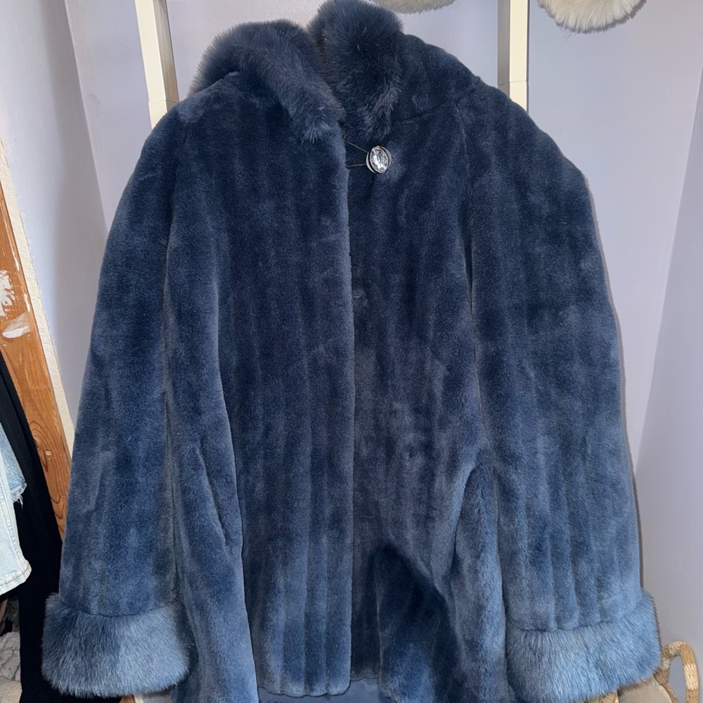 OLYMPIA LIMITED INC Blue Faux Fur Jacket with Hood